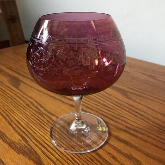 Belfor Barware Brandy Short Stemmed Snifter Engraved Cranberry Crystal Glass New - Picture 2 of 5